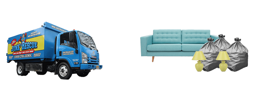 Junk Rescue Truck, couch and bags of trash